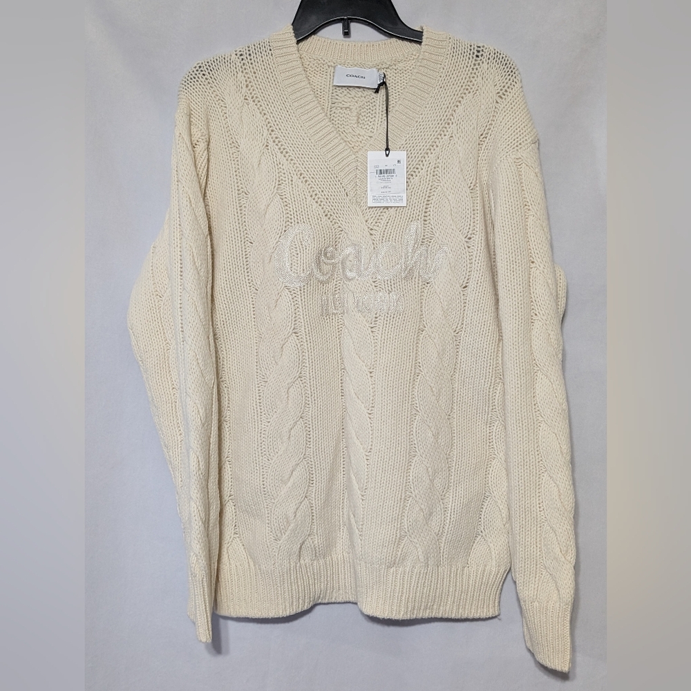 Coach Ivory Braided Cable Knit V-neck Wool Sweater, Embroidered Logo Size XS NWT